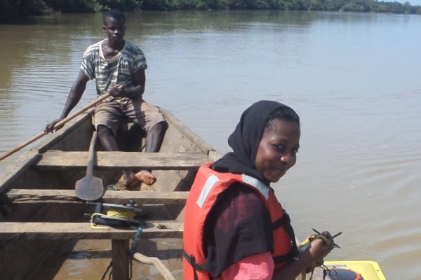 Fati Aziz measures flows in the Black Volta River Basin with an OTT Qliner 2